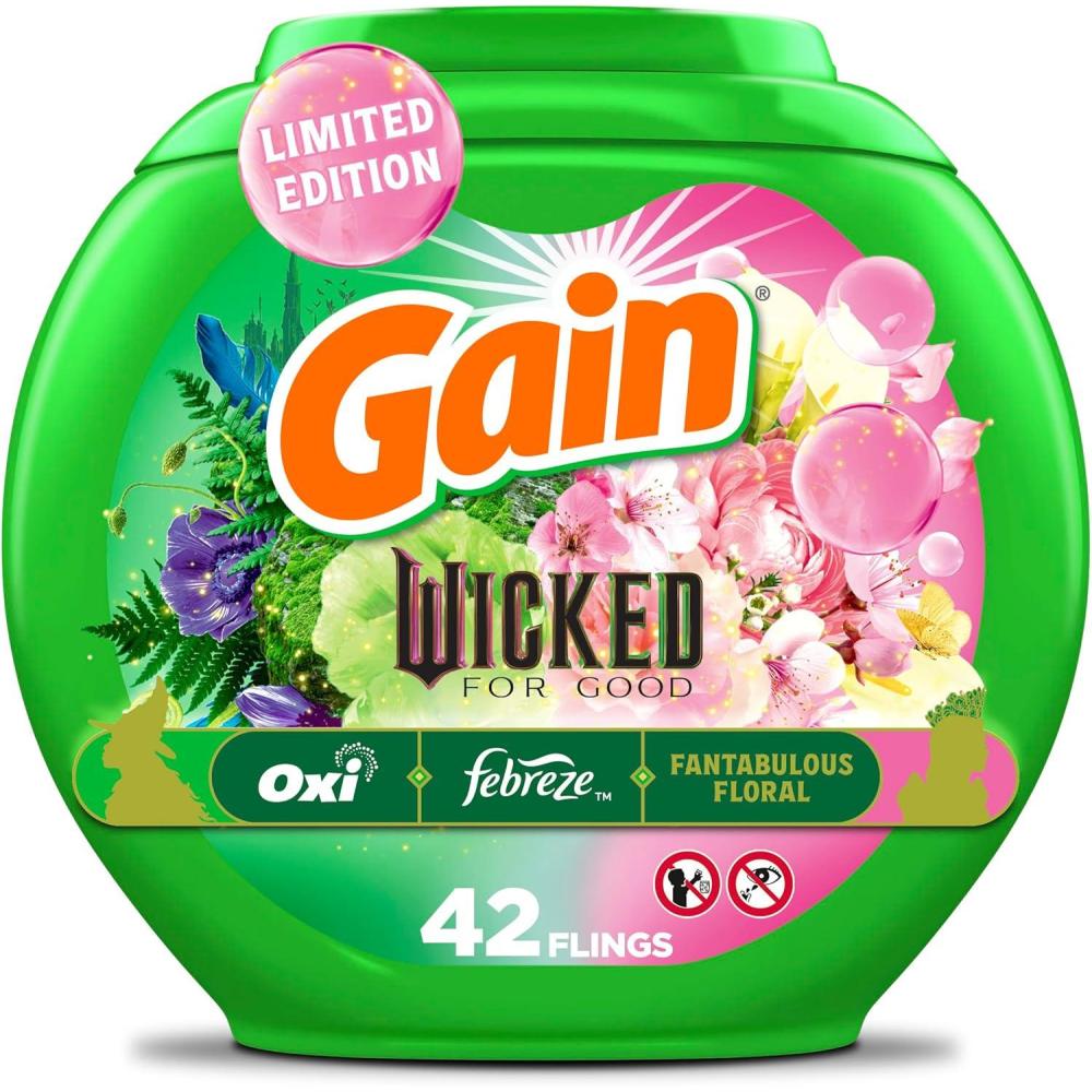 imageGain Flings Wicked For Good Limited Edition Laundry Detergent Pacs 42 Count Fantabulous Floral Scent 3 in 1 HE Detergent Pacs with Oxi Boost and Febreeze