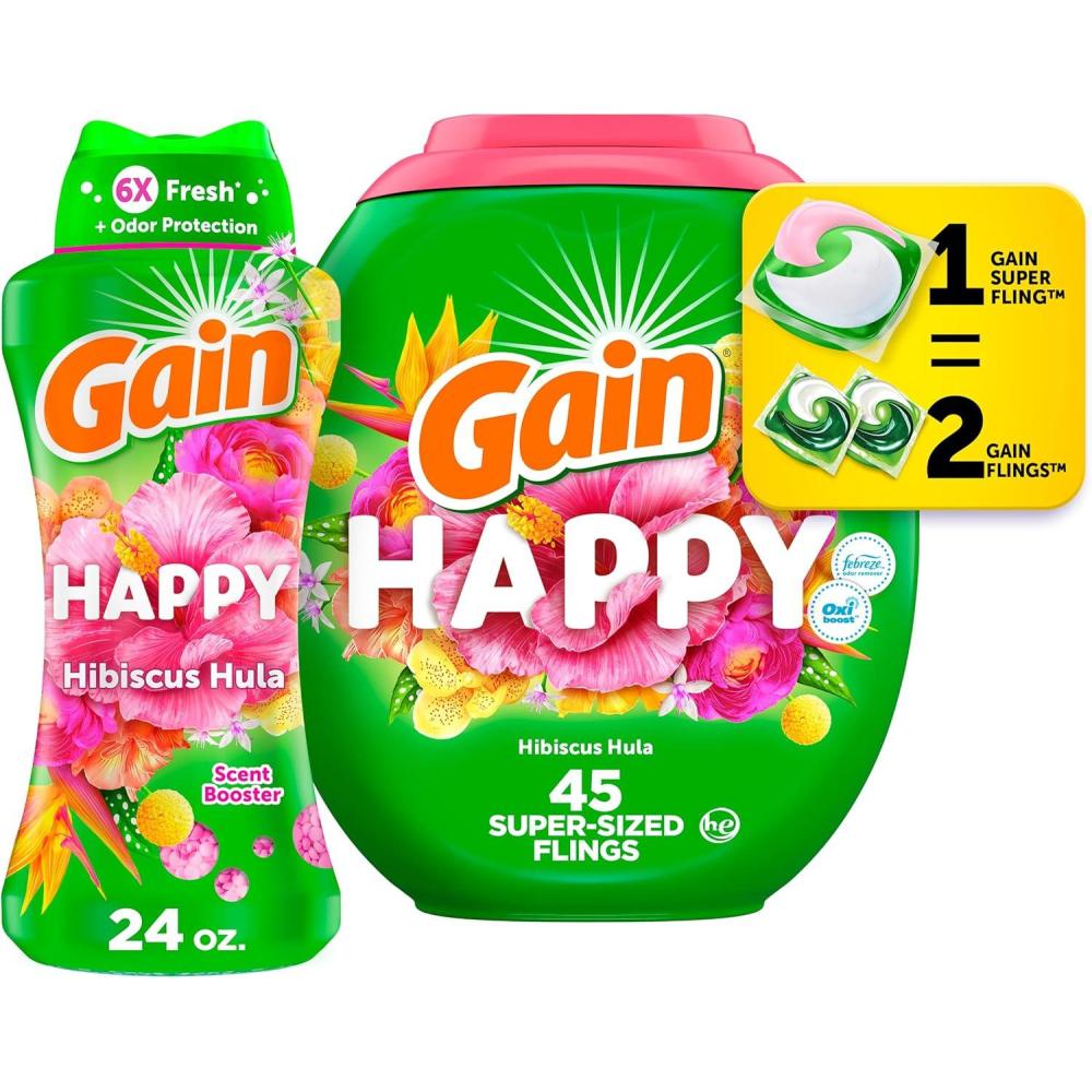 imageGain Happy Laundry Bundle Gain Super Sized Flings Laundry Detergent Pacs 3in1 Detergent Pacs with Febreze and Oxi 45 Count Gain InWash Laundry Scent Booster Beads 24 oz Hibiscus Hula Scent