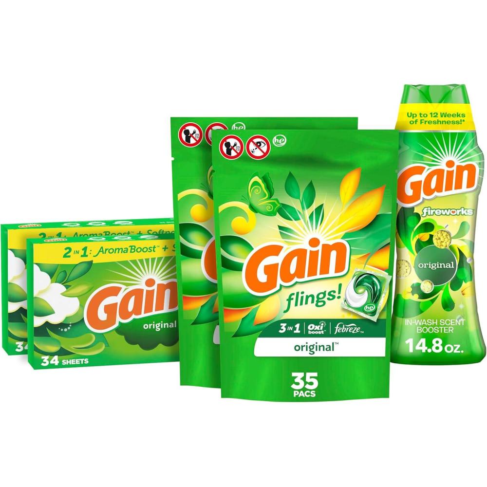 imageGain Laundry Bundle Gain Flings Laundry Detergent Pacs 2x35ct Dryer Sheets 2x34ct Fireworks Laundry Scent Booster Beads 148oz140 Piece Set