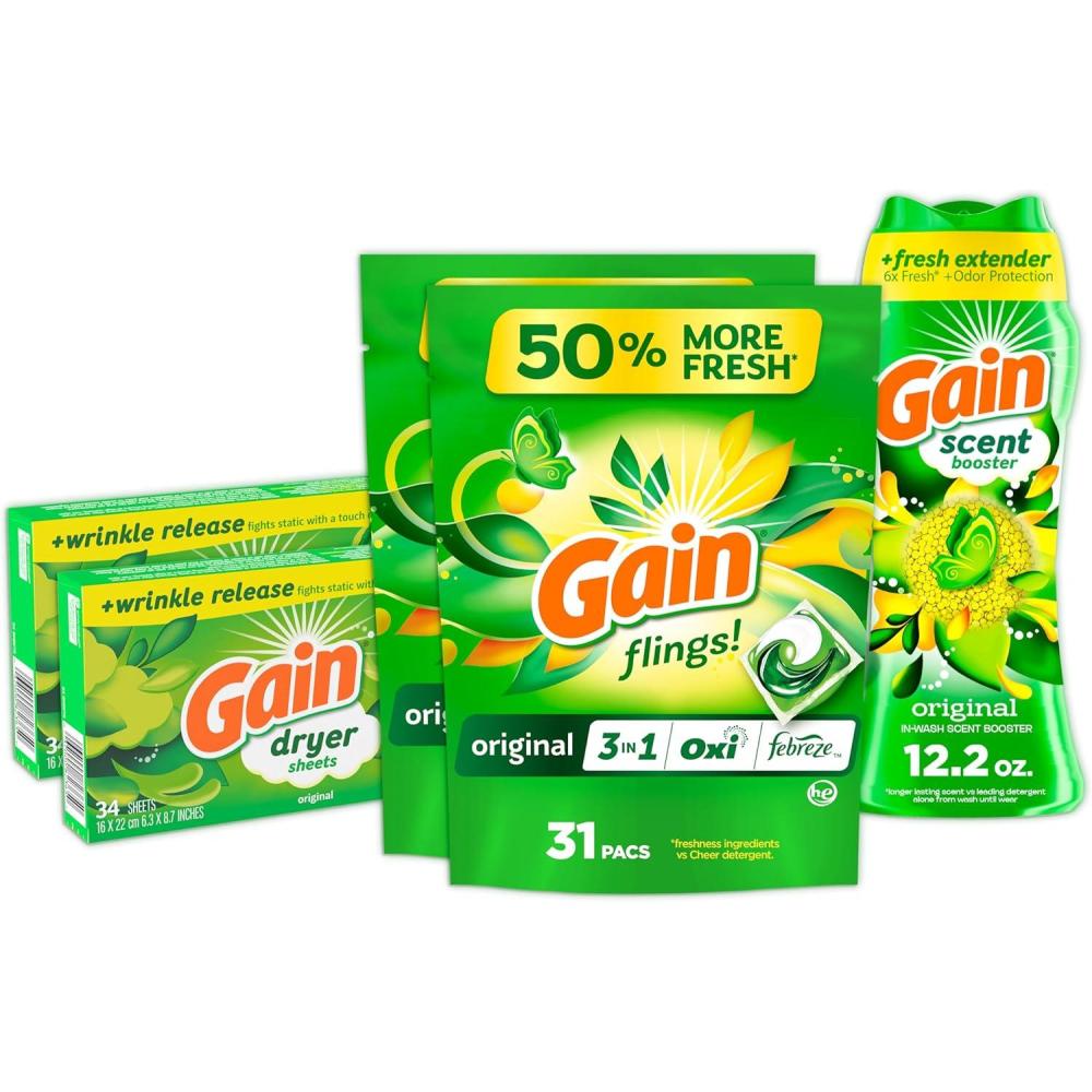imageGain Laundry Bundle Gain Flings Laundry Detergent Pacs 2x35ct Dryer Sheets 2x34ct Fireworks Laundry Scent Booster Beads 148oz70 Count Pack of 1