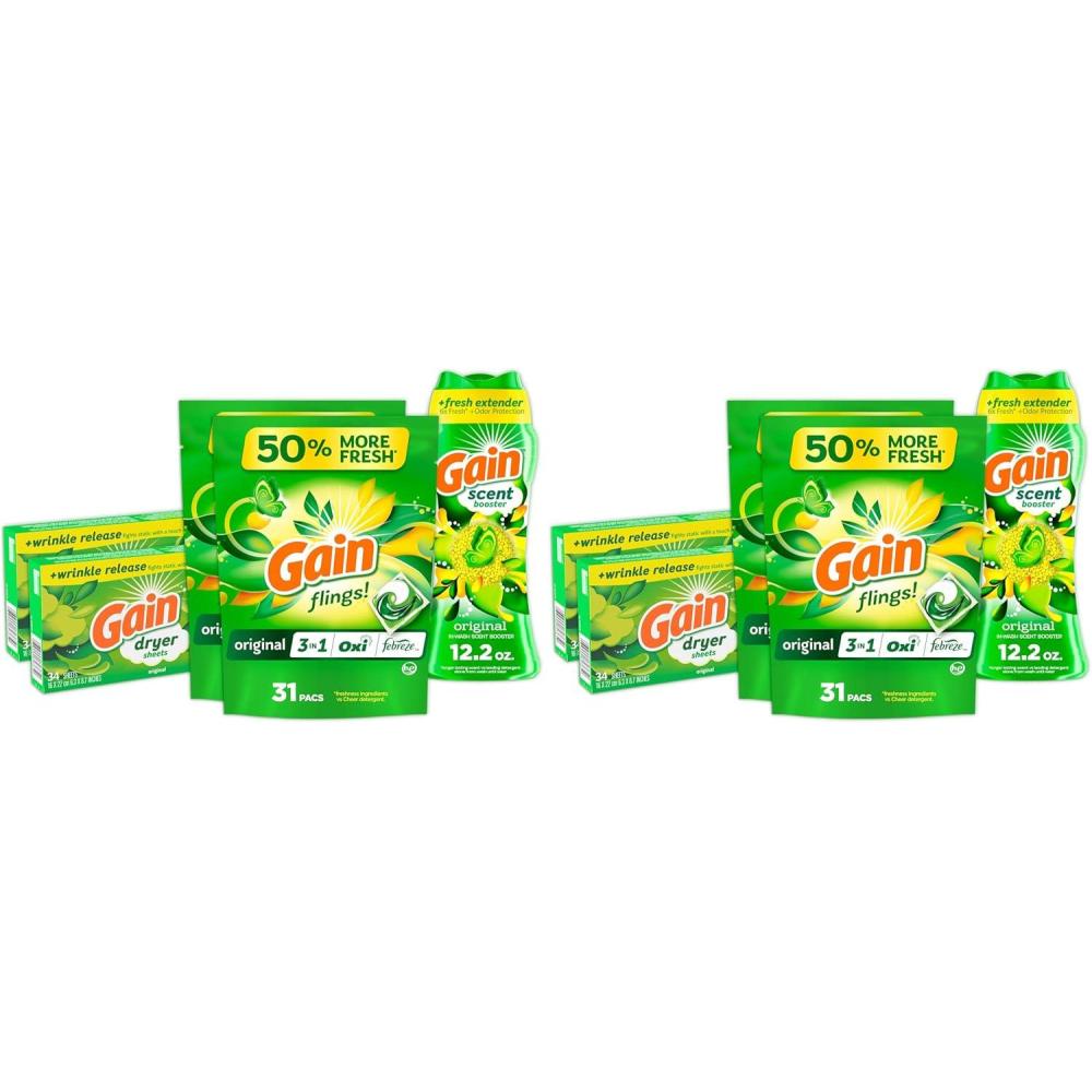 imageGain Laundry Bundle Gain Flings Laundry Detergent Pacs 2x35ct Dryer Sheets 2x34ct Fireworks Laundry Scent Booster Beads 148oz70 Count Pack of 2