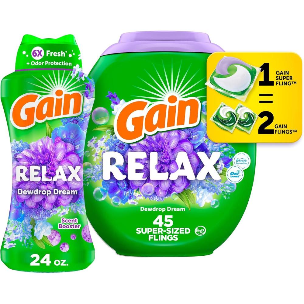 imageGain Laundry Bundle Super Sized Flings 3in1 Detergent Pacs with Febreze amp Oxi 45 Count InWash Laundry Scent Booster Beads 24 oz Dewdrop Daydream Scent