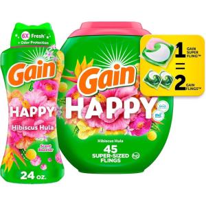 Gain Happy Laundry Bundle: Gain Super Sized Flings Laundry Detergent Pacs, 3-in-1 Detergent Pacs with Febreze and Oxi, 45 Count + Gain In-Wash Laundry Scent Booster Beads, 24 oz, Hibiscus Hula Scent