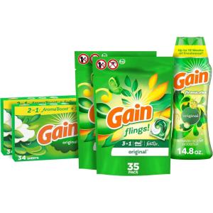 Gain Laundry Bundle: Gain Flings Laundry Detergent Pacs (2x35ct), Dryer Sheets (2x34ct), Fireworks Laundry Scent Booster Beads (14.8oz)(140 Piece Set)