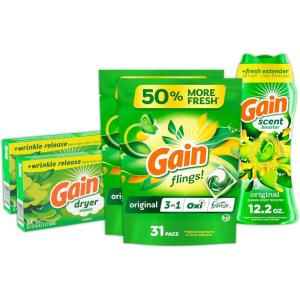 Gain Laundry Bundle: Gain Flings Laundry Detergent Pacs (2x35ct), Dryer Sheets (2x34ct), Fireworks Laundry Scent Booster Beads (14.8oz)(70 Count (Pack of 1))