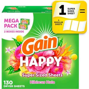 Gain Super Sized Dryer Sheets, Laundry Fabric Softener, Happy, 130 Count