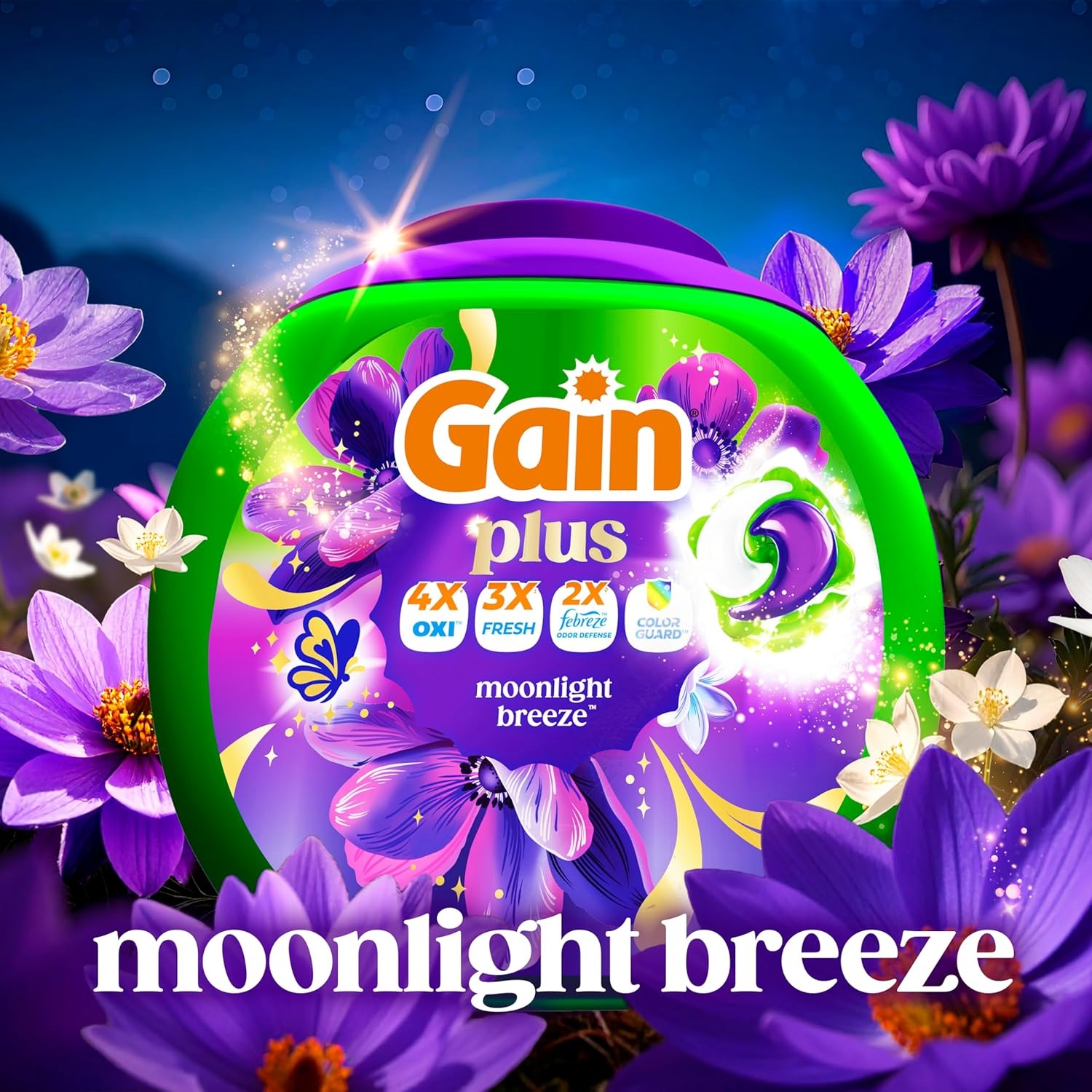 imageGain Plus Flings Liquid Laundry Detergent Pods Gains Best Clean AllInOne Pacs Moonlight Breeze Scent 45 Count