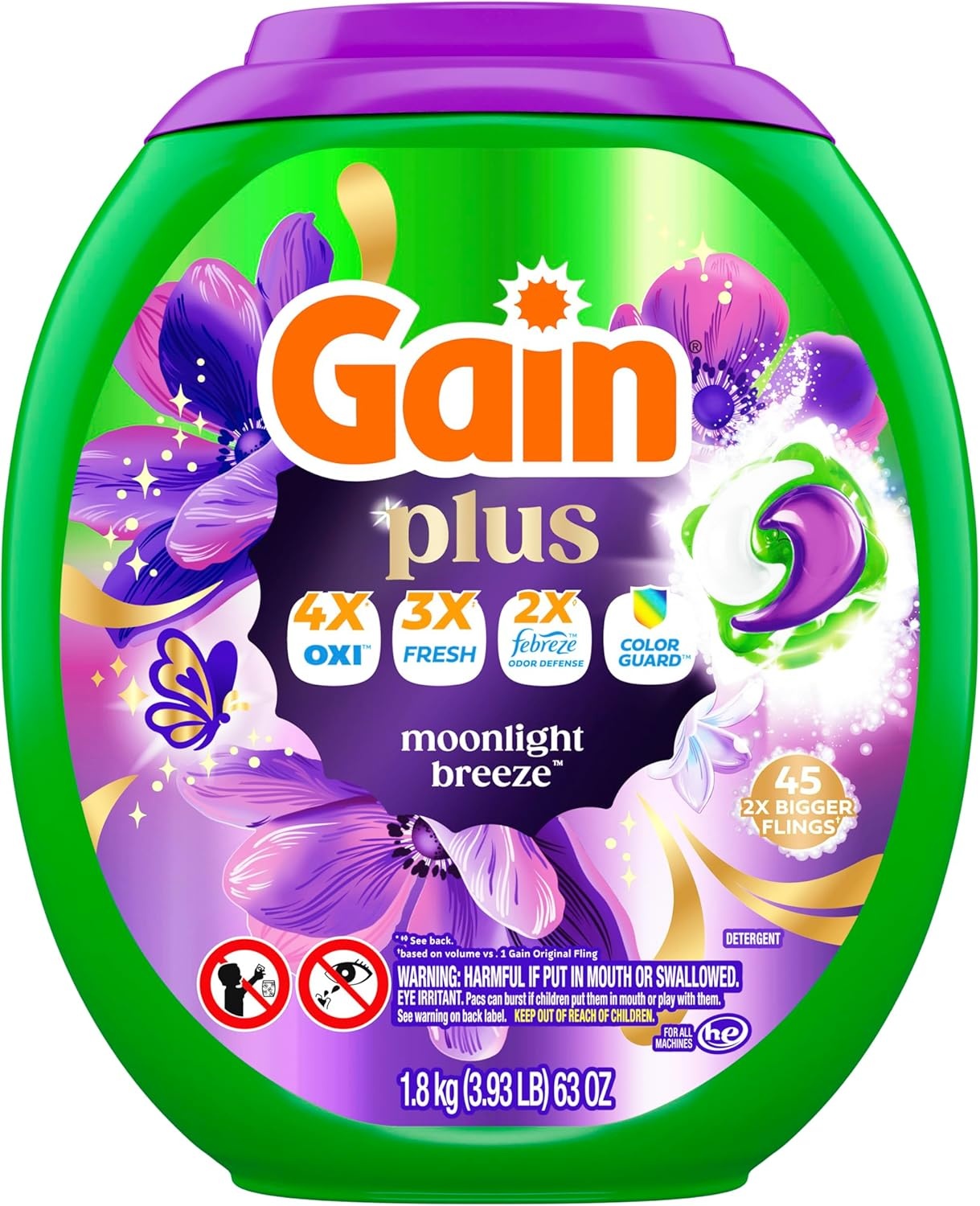 imageGain Plus Flings Liquid Laundry Detergent Pods Gains Best Clean AllInOne Pacs Moonlight Breeze Scent 45 Count