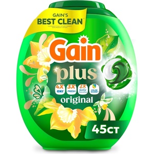 Gain Plus Flings Liquid Laundry Detergent Pacs, Gain’s Best Clean, All-In-One, Original Scent, 45 Count
